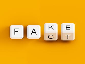 dice showing the words fake and fact